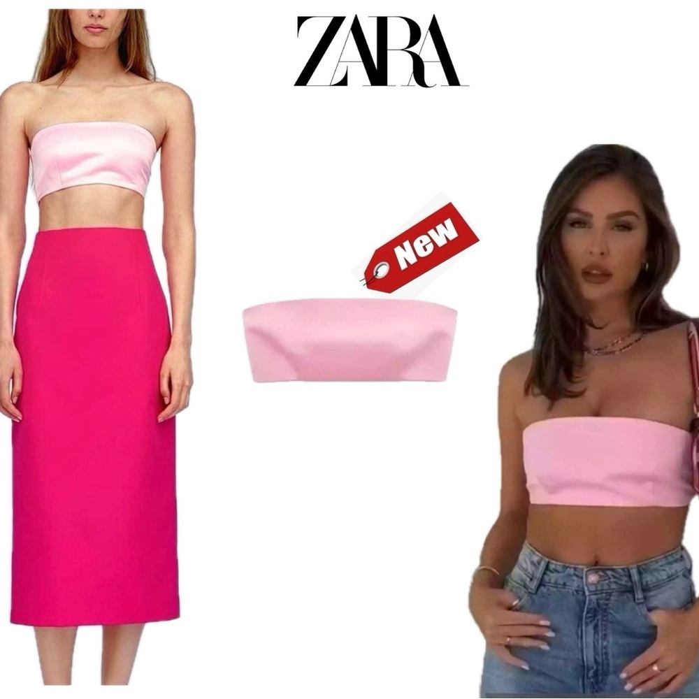 Zara light pink satin effect bandeau strapless crop top Sz L NWT